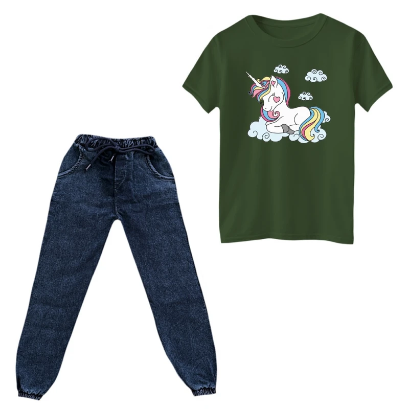 ست تی‌شرت و شلوار دخترانه مدل یونیکورن کد ۱۷