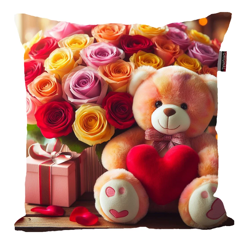 کوسن پاد آفرین مدل هدیه خرس عروسکی طرح قلب و گل رز کد 13