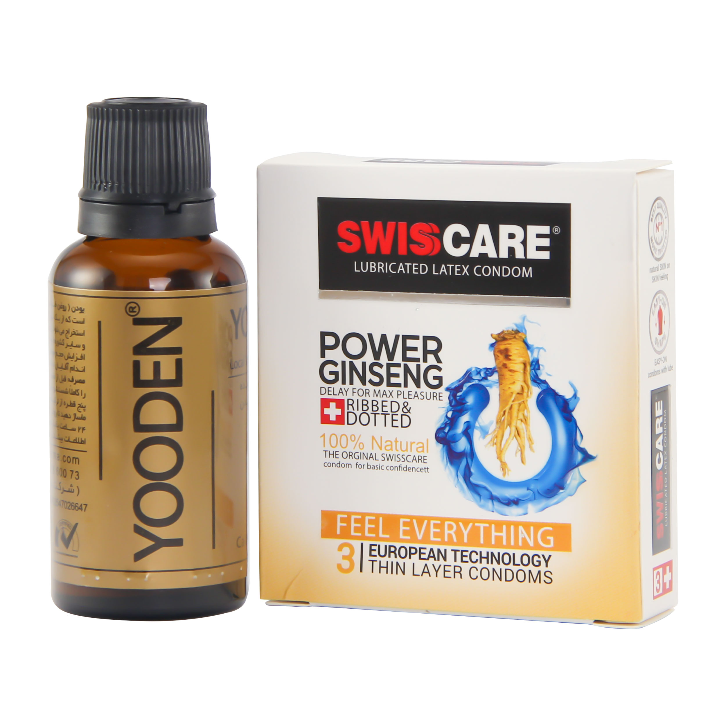 کاندوم سوئیس‌کر مدل Ginseng power بسته 3 عددی به همراه روغن یودن مدل AP 30 حجم 30 میلی لیتر