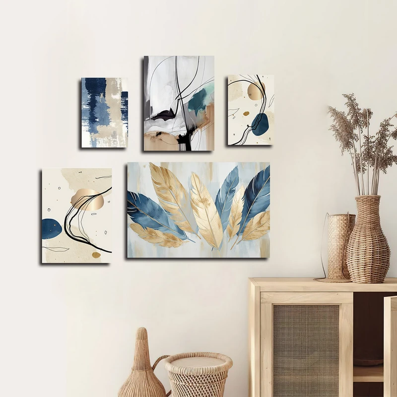 تابلو شاسی بکلیت طرح نقاشی مینیمال و پر مدل SH-3171 مجموعه 5 عددی