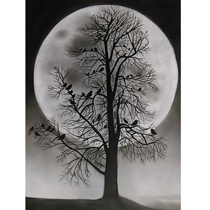 تابلو نقاشی طرح سیاه قلم شب و ماه