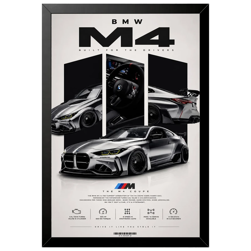 تابلو بکلیت طرح ماشین و خودرو بی ام و BMW M4 مدل B-az1023 فریم مشکی