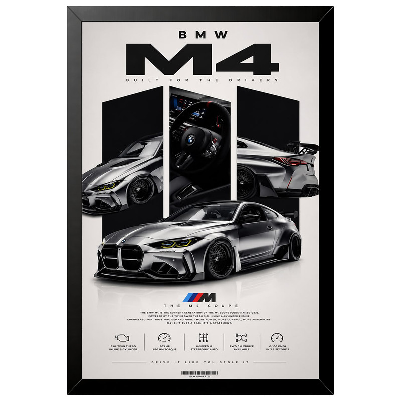 تابلو بکلیت طرح ماشین و خودرو بی ام و BMW M4 مدل B-az1023 فریم مشکی