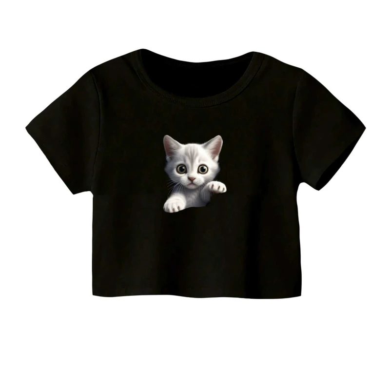 کراپ‌ تی‌شرت آستین کوتاه زنانه مدل گربه کد 2