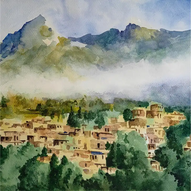 نقاشی آبرنگ طرح طبیعت ماسوله کد 1030