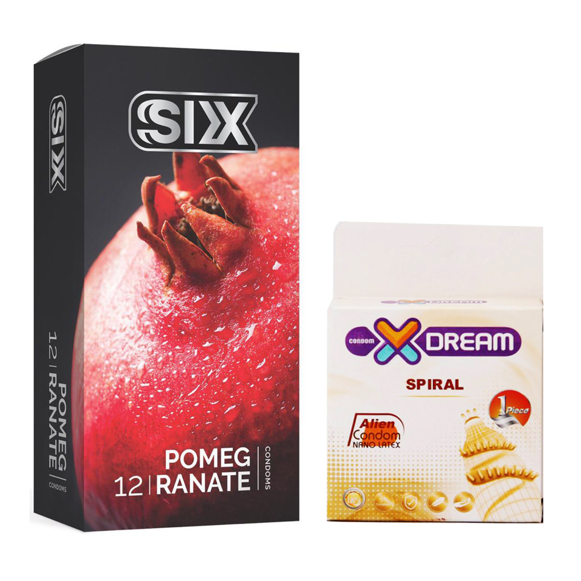 کاندوم سیکس مدل Pomegranate بسته ۱۲ عددی به همراه کاندوم ایکس دریم مدل Spiral