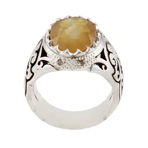 انگشتر نقره مردانه بازرگانی میلادی مدل سنگ یاقوت زرد رکاب دست ساز سیاه قلم کد AM_1756