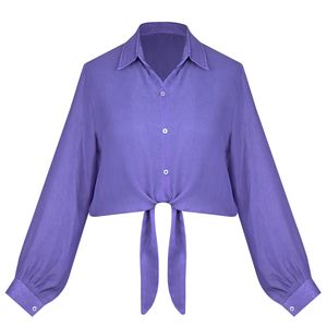 کراپ شومیز آستین بلند یقه برگردان زنانه مدل گره ای کد AK1377