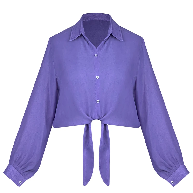 کراپ شومیز آستین بلند یقه برگردان زنانه مدل گره ای کد AK1377