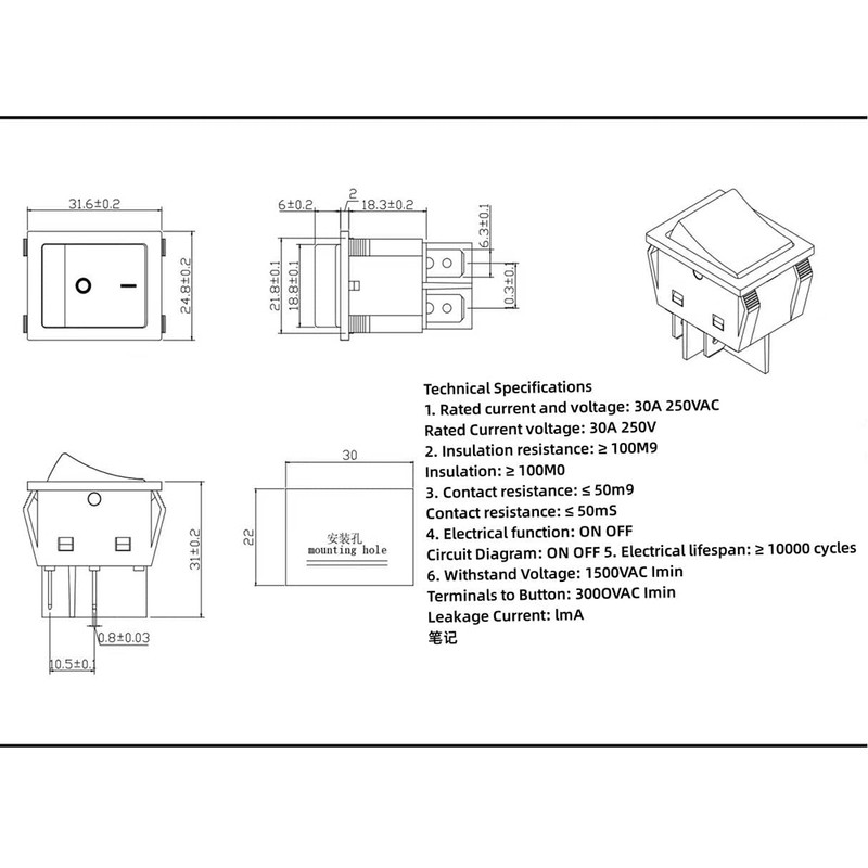کلید راکر مدل 4 پایه کد KCD4-30A بسته 5 عددی