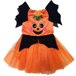 پیراهن دخترانه ساتوبلو طرح کدو مدل هالوین رنگ نارنجی