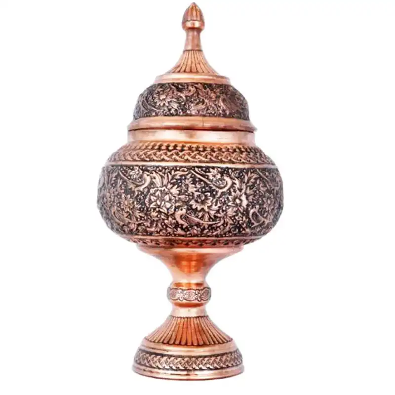 قندان قلمزنی مسی مدل سیاه قلم طرح گل و مرغ