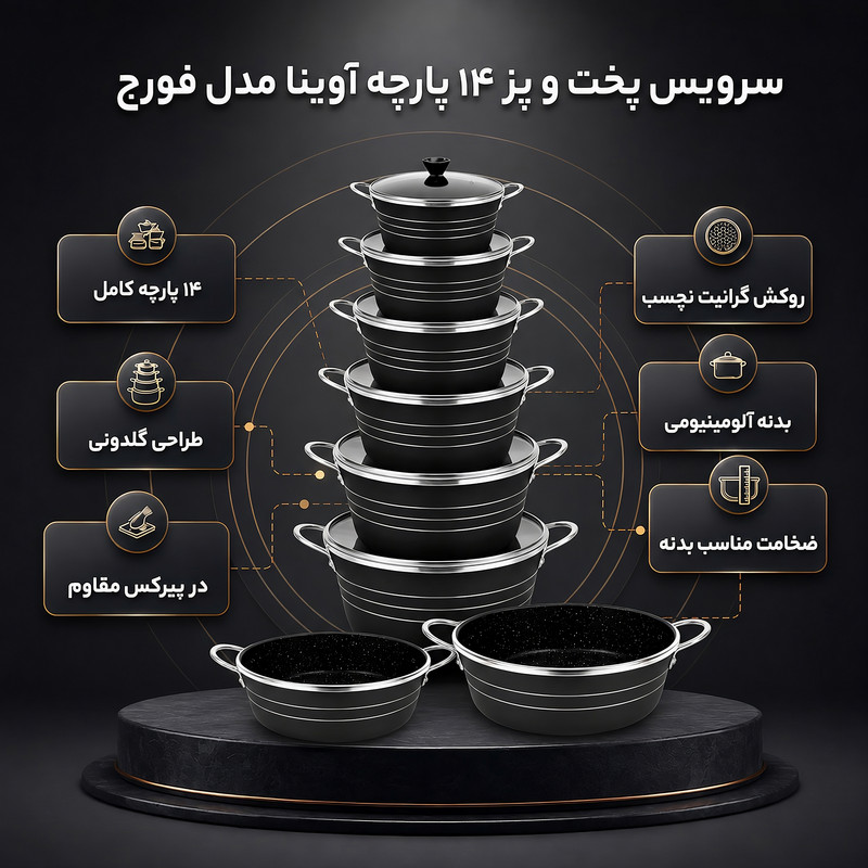 سرویس قابلمه و تابه گرانیتی ۱۴ پارچه آوینا مدل فورج