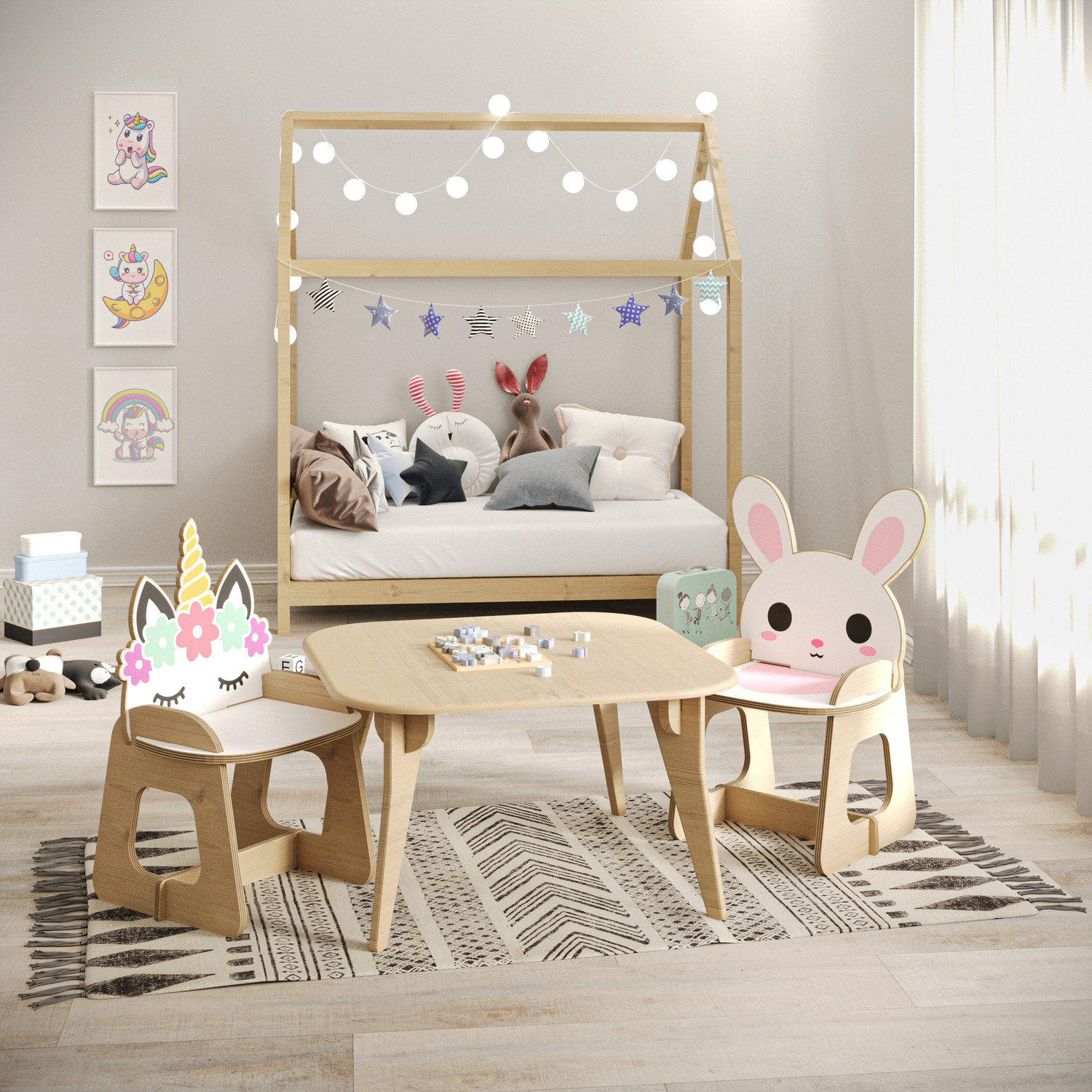 ست میز و صندلی کودک مدل باغ وحش چوبی طرح خرگوش و تک‌شاخ