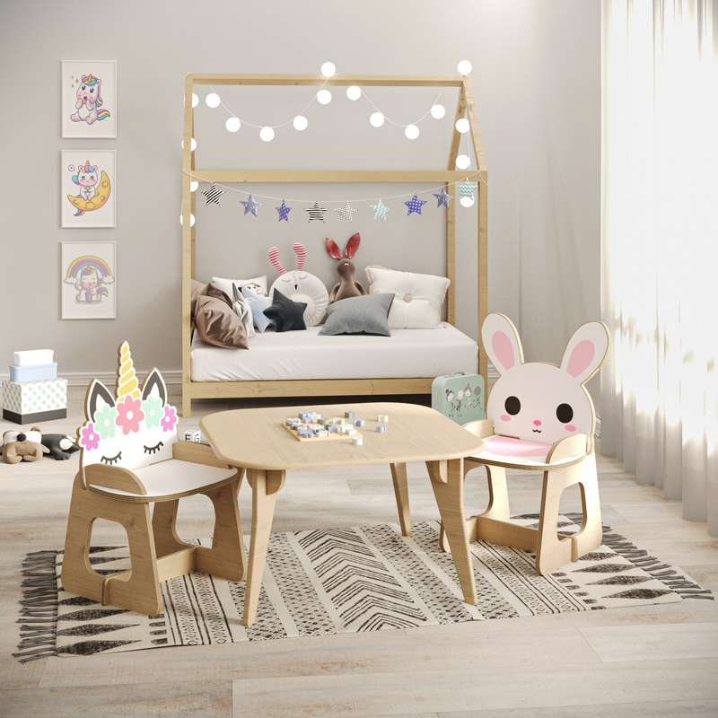 ست میز و صندلی کودک مدل باغ وحش چوبی طرح خرگوش و تک‌شاخ