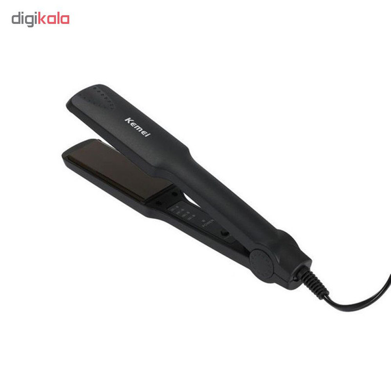 اتو مو کیمی مدل KM-329، با صفحات پهن از جنس سرامیک پیشرفته، دارای نشانگر LED، سر سرامیکی، تکنولوژی نانو سیلور، گستره دما 160 تا 220 درجه سانتی‌گراد، به همراه سیم‌ 1.8 متری