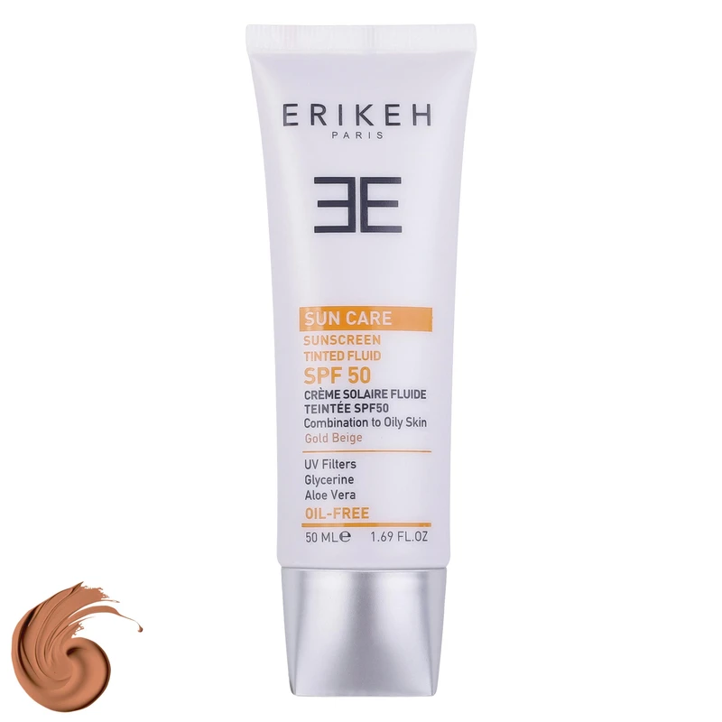 فلوئید ضد آفتاب رنگی اریکه، SPF50، مدل CO_GB، ‌مناسب پوست‌های چرب و مختلط با تنالیته متوسط و حجم 50 میلی‌لیتر، محافظت‌کننده در برابر اشعه‌های UVA و UVB، دارای فرمولاسیون فاقد چربی و گلیسیرین، با ماندگاری 2 ساعته
