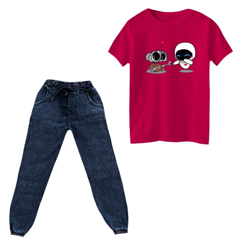 ست تی‌شرت و شلوار پسرانه مدل والی و ربات کد 02 رنگ سرخابی