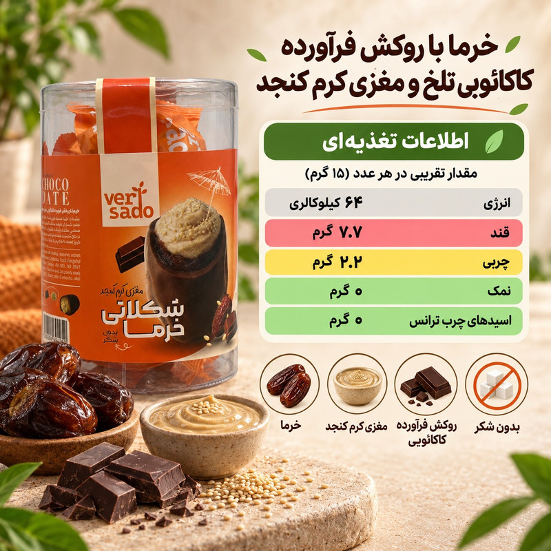 خرما شکلاتی با مغزی کرم کنجد ورسادو -  200 گرم