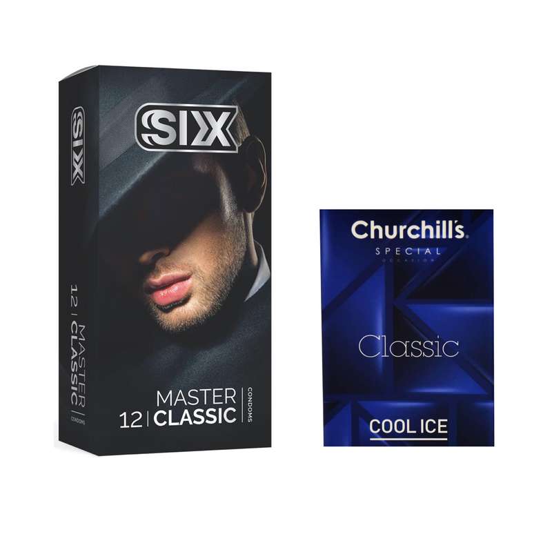 کاندوم سیکس مدل Master Classic بسته 12 عددی به همراه کاندوم چرچیلز مدل Cool Ice بسته 3 عددی