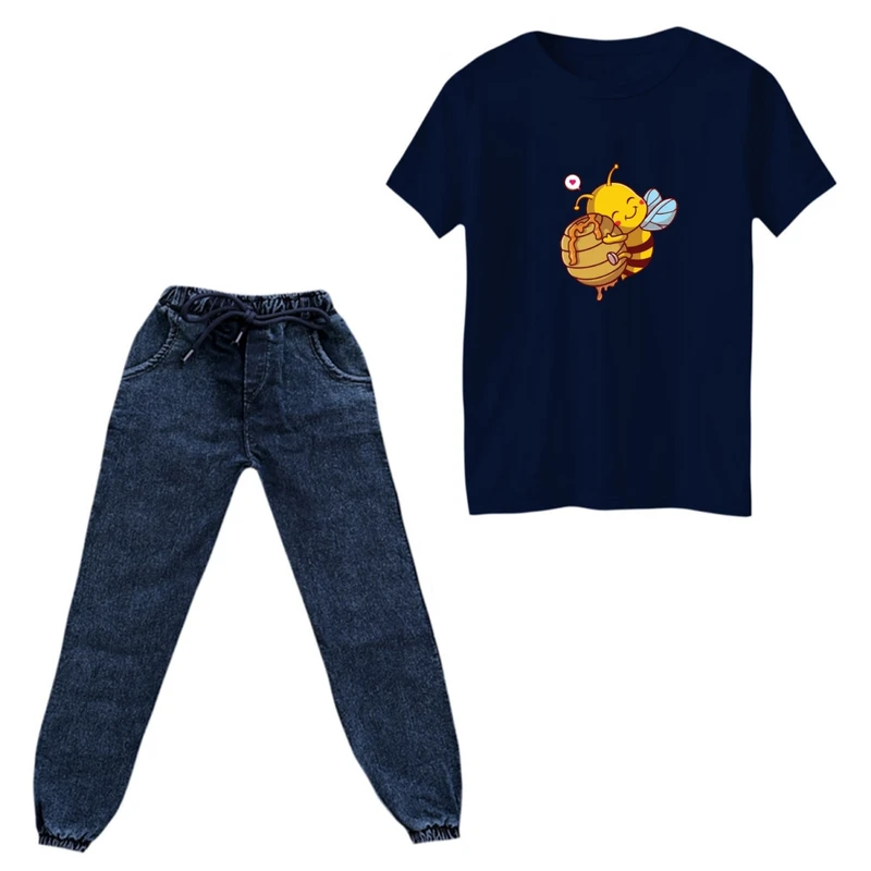 ست تی‌شرت و شلوار پسرانه مدل زنبوری کد 02 رنگ سرمه ای