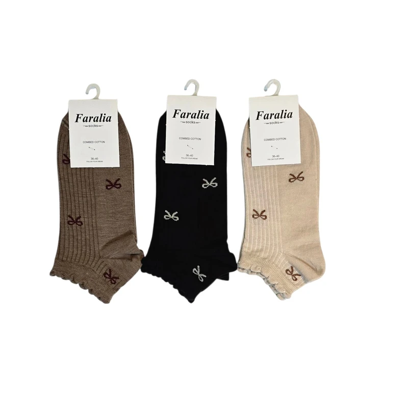 جوراب ساق کوتاه زنانه مدل مچی پاپیونی لبه دار بسته 3 عددی