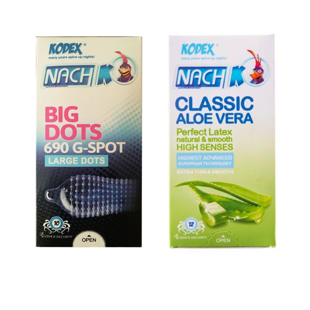 کاندوم ناچ کدکس
مدل Big Dots بسته 12 عددی به همراه کاندوم مدل Classic Aloe Vera بسته 12 عددی