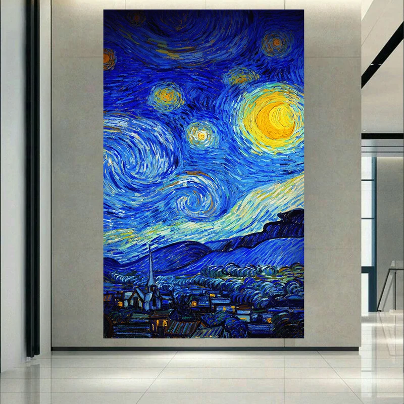 پوستر پارچه ای مدل چرم مخمل طرح نقاشی ونگوک شب پر ستاره کد AR1070