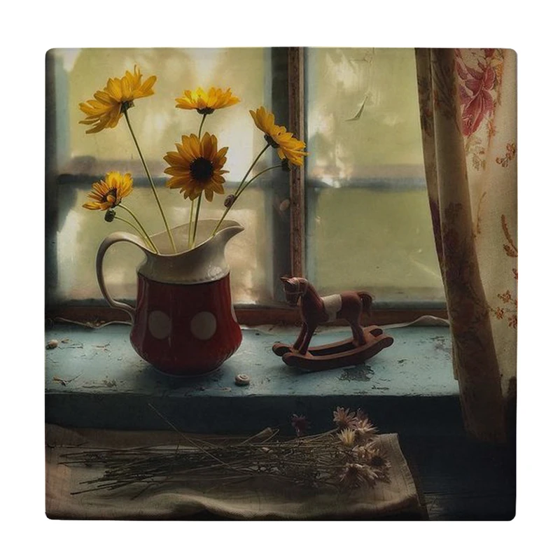 کاشی کارنیلا طرح گلدان گل و اسب چوبی مدل لوحی کد klh2544