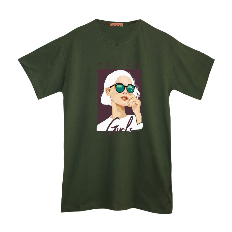 تی شرت لانگ آستین کوتاه زنانه مدل دختر فشن رنگ یشمی