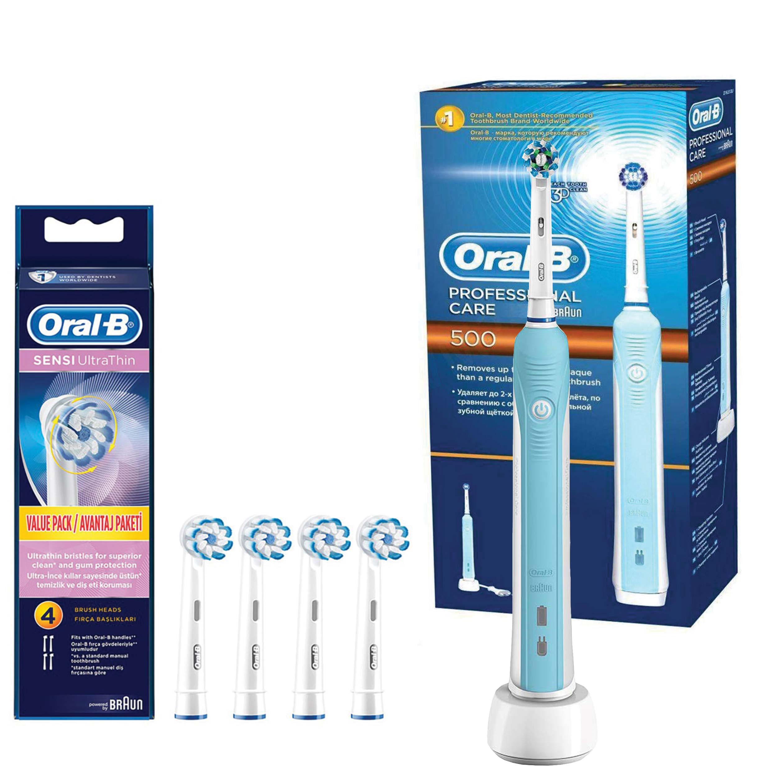 مسواک برقی اورال-بی مدل Professional Care 500 به همراه سری یدک مسواک برقی اورال بی مدل Oral-B Sensi UltraThin بسته 4 عددی