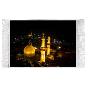 فرش ماشینی دیوارکوب اطلس آبی طرح حرم امام حسین و حضرت عباس مدل T2401