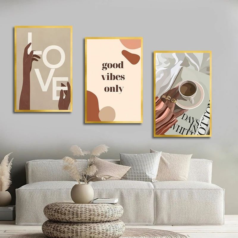 تابلو ساده بکلیت طرح نقاشی مینیمال و جمله انگیزشی مدل شاین اکلیلی T-2794 فریم طلایی مجموعه 3 عددی