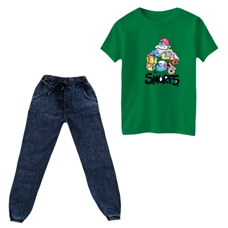 ست تی‌شرت و شلوار دخترانه مدل اسمورف رنگ سبز