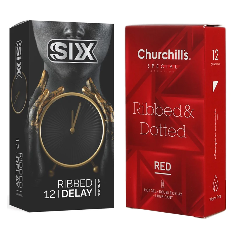کاندوم چرچیلز مدل Ribbed & Dotted Red بسته 12 عددی به همراه کاندوم سیکس مدل تاخیری شیاردار بسته 12 عددی