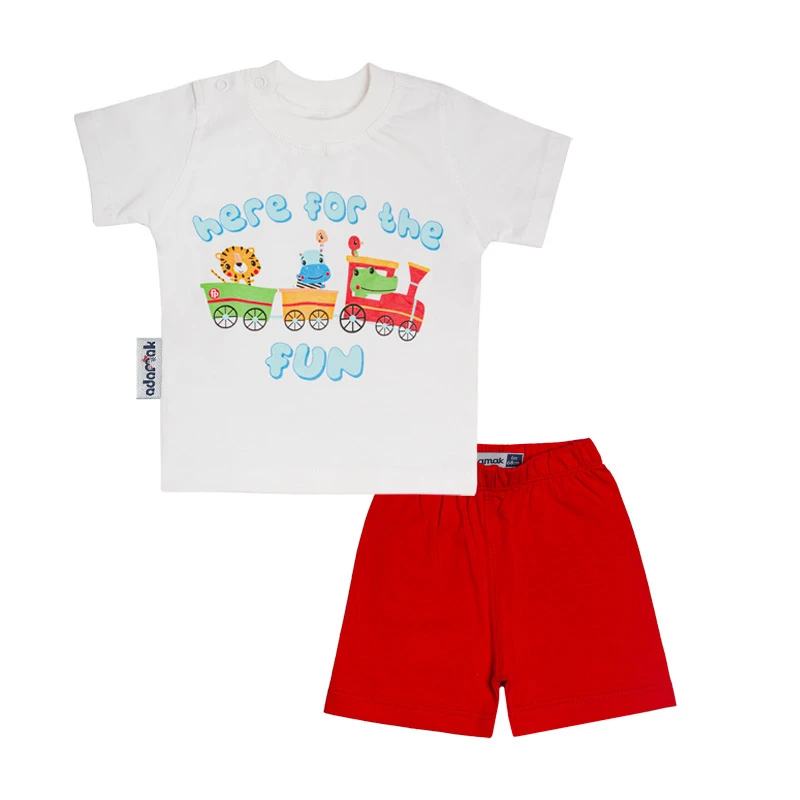 ست تی شرت و شلوارک نوزادی آدمک مدل قطار قرمز کد 160009