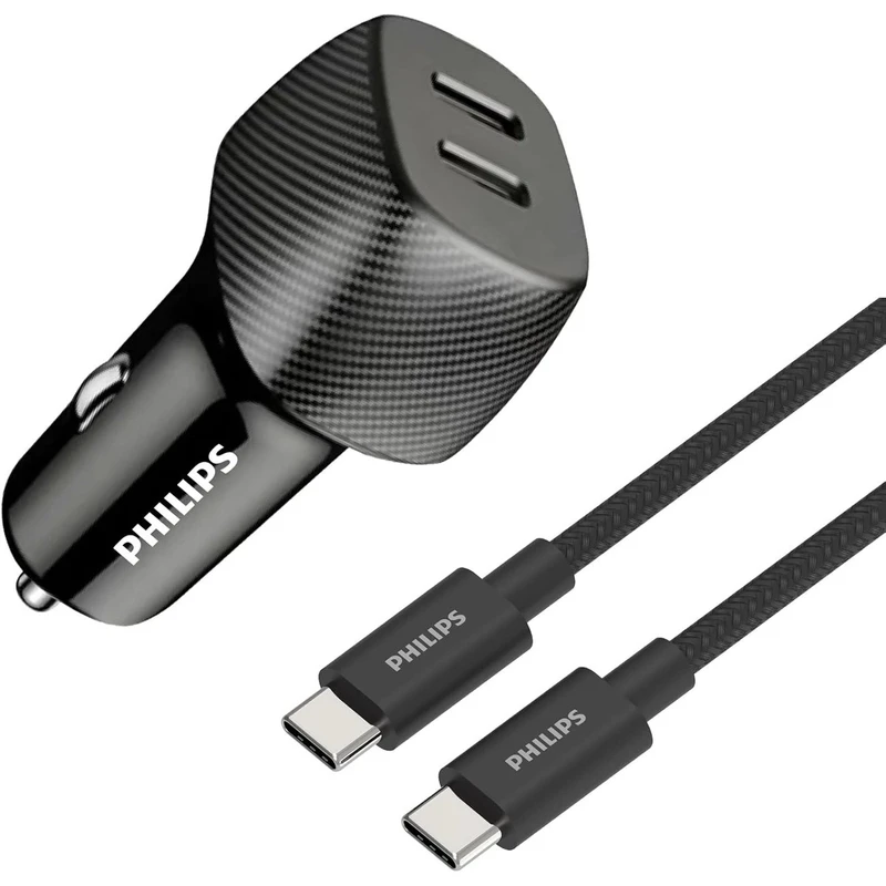 شارژر فندکی 30 وات 2 پورت فیلیپس مدل DLP5522C به همراه کابل تبدیل USB-C