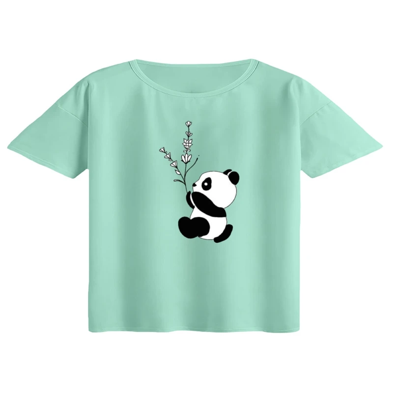 کراپ تی‌شرت آستین کوتاه زنانه مدل پاندا و گل