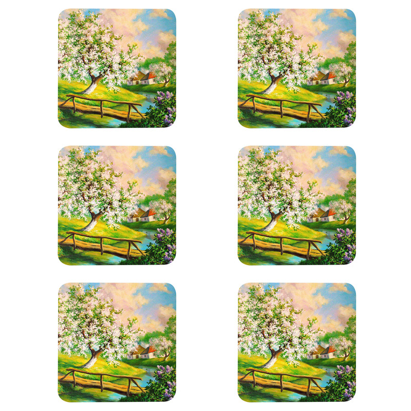 زیر لیوانی مدل Z1008 طرح نقاشی منظره بهار و شکوفه و کلبه بسته شش عددی