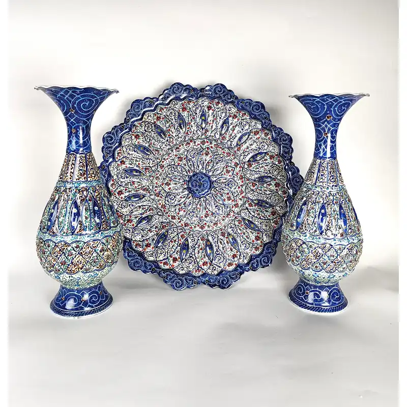 ست 3 تکه بشقاب و گلدان  میناکاری مسی مدل شیرازی کد B30