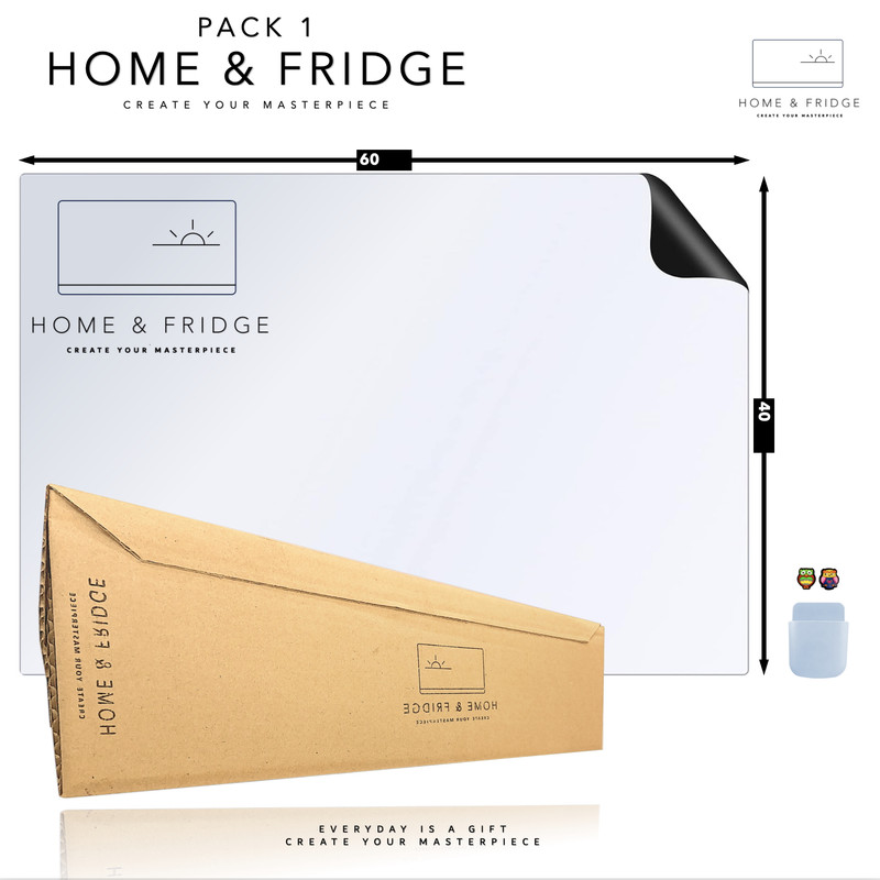 تخته وایت برد هوم اند فریج مدل 1 سایز 60x40 سانتی متر به همراه هولدر مغناطیسی و مگنت یخچالی مجموعه ۴ عددی