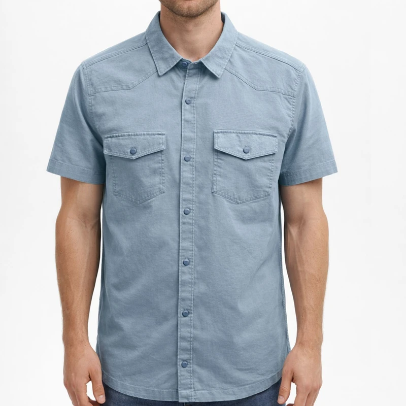 پیراهن آستین کوتاه یقه برگردان مردانه مدل کتان دو جیب