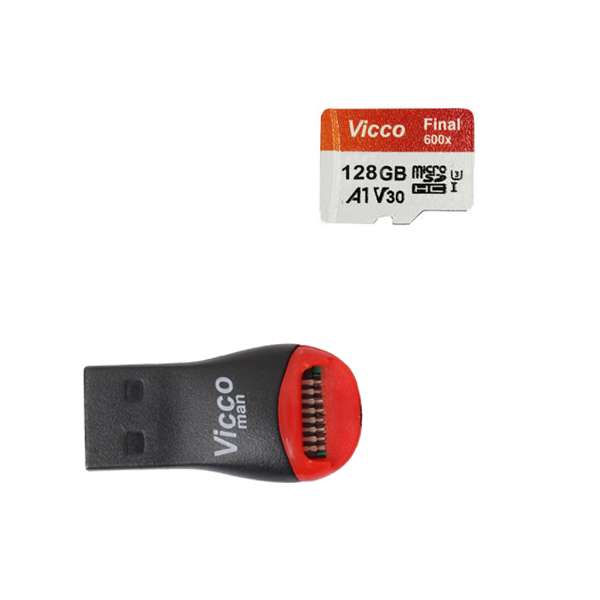 کارت حافظه micro SDXC ویکومن مدل 600X Plus کلاس 10 استاندارد UHS-I U3 سرعت 90MBs ظرفیت 128گیگابایت به همراه کارت خوان کارت حافظه micro SDXC ویکومن مدل 600X Plus کلاس 10 استاندارد UHS-I U3 سرعت 90MBs ظرفیت 128گیگابایت به همراه کارت خوان