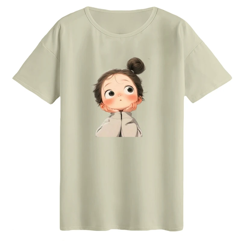 تی‌شرت لانگ آستین کوتاه زنانه مدل دختر متفکر رنگ کرم