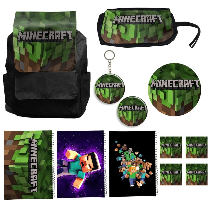 کوله پشتی طرح ماینکرافت کد Minecraft A13 به همراه دفتر مشق و جامدادی و زیر لیوانی و جاکلیدی مجموعه 12 عددی