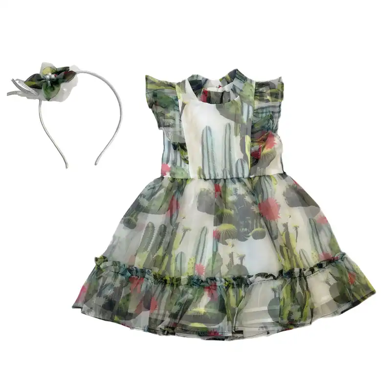 ست پیراهن و تل مو دخترانه مدل کاکتوس