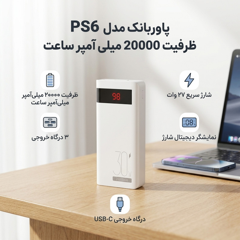 پاوربانک 27 وات مدل PS6 ظرفیت 20000 میلی آمپر ساعت به همراه کابل USB-C