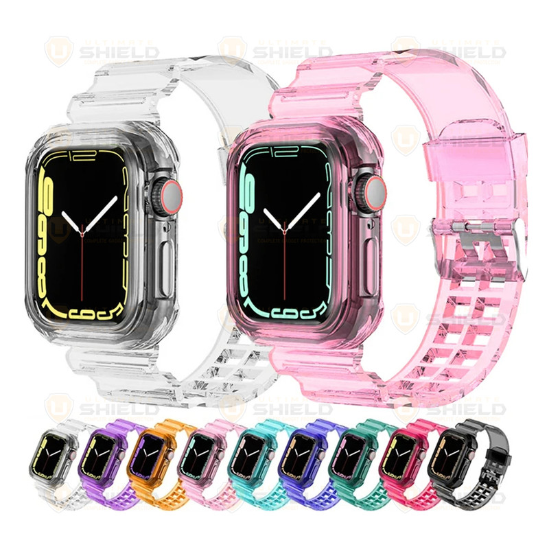 بند آلتیمیت شیلد مدل Transparent Shock مناسب برای اپل واچ 42/44/45 mm سری Se/1/2/3/4/5/6/7/8/9 به همراه کاور