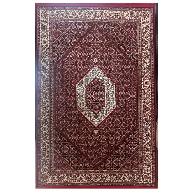 فرش ماشینی 500 شانه زمینه قرمز لاکی حاشیه زرشکی مدل طرح هریس آکریلیک 