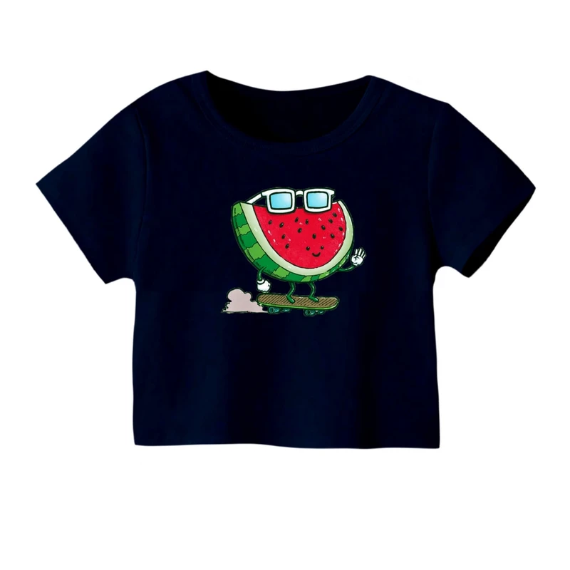 کراپ‌ تی‌شرت آستین کوتاه زنانه مدل هندوانه یلدایی کد 3 رنگ سورمه ای